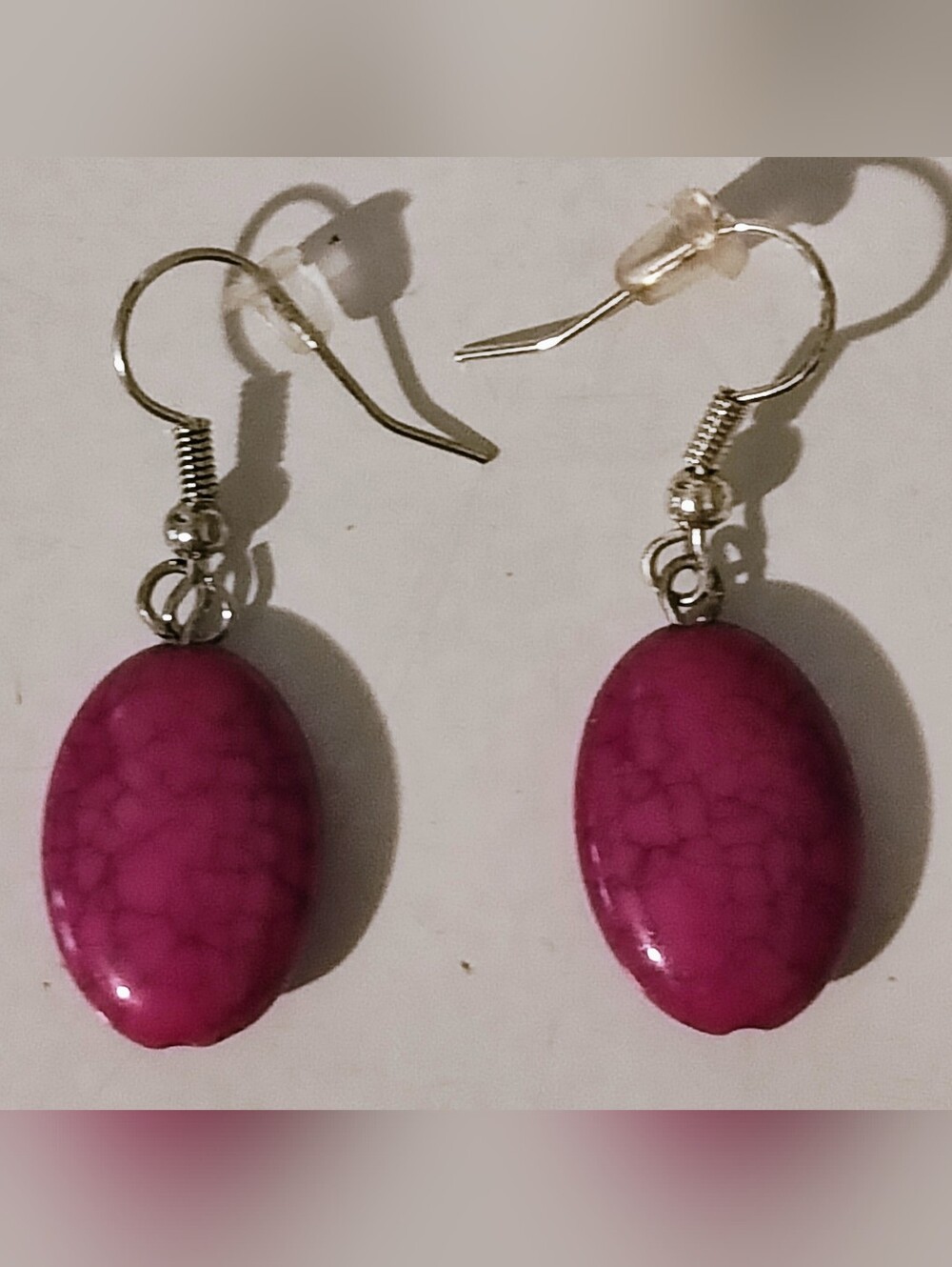 Pink Oval Stone Dangle Earrings - Handmade - Picture 1 of 2